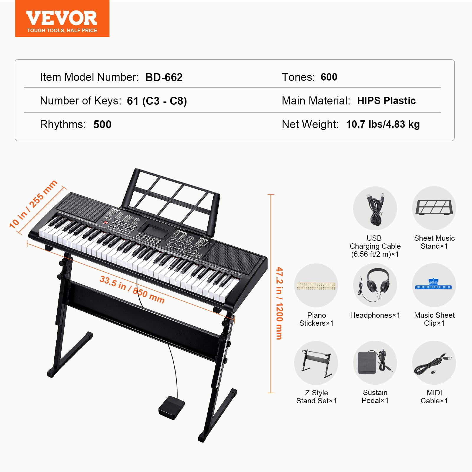 Start2Finish VEVOR 61-key digital keyboard piano with lighted keys, stand, built-in speakers, sustain pedal, headphones, and USB MIDI.