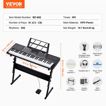 Start2Finish VEVOR 61-key digital keyboard piano with lighted keys, stand, built-in speakers, sustain pedal, headphones, and USB MIDI.