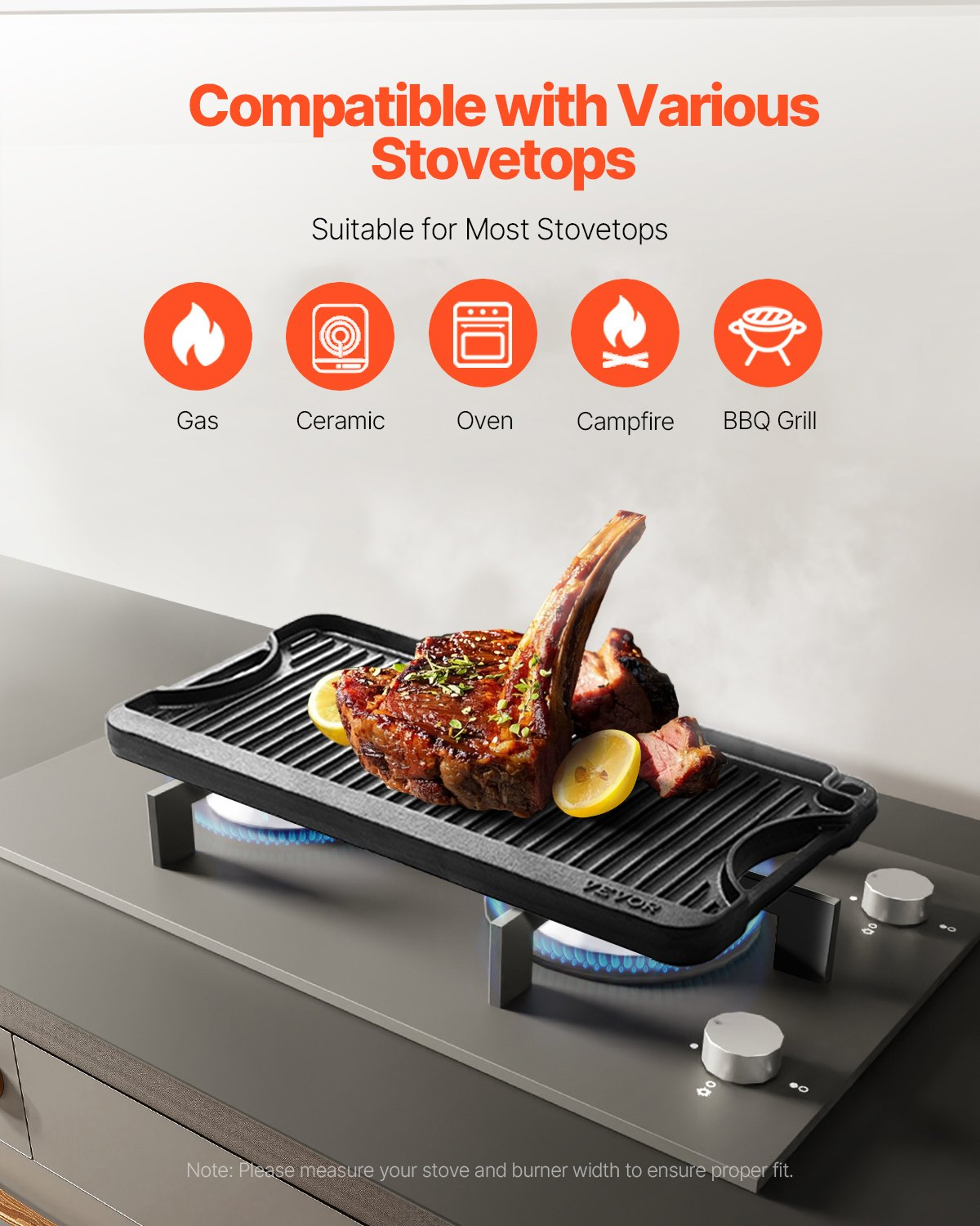 Start2Finish VEVOR cast iron reversible grill and griddle, 20x10 inch black rectangle pan with handle for indoor and outdoor cooking.