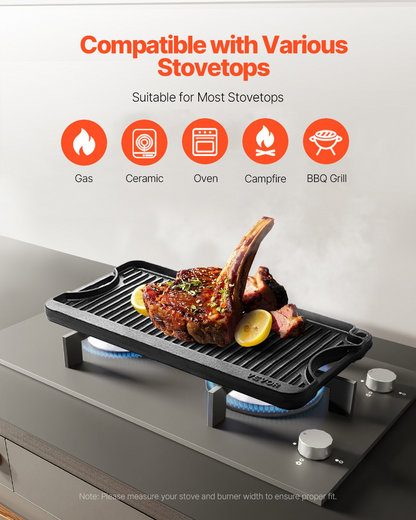 Start2Finish VEVOR cast iron reversible grill and griddle, 20x10 inch black rectangle pan with handle for indoor and outdoor cooking.