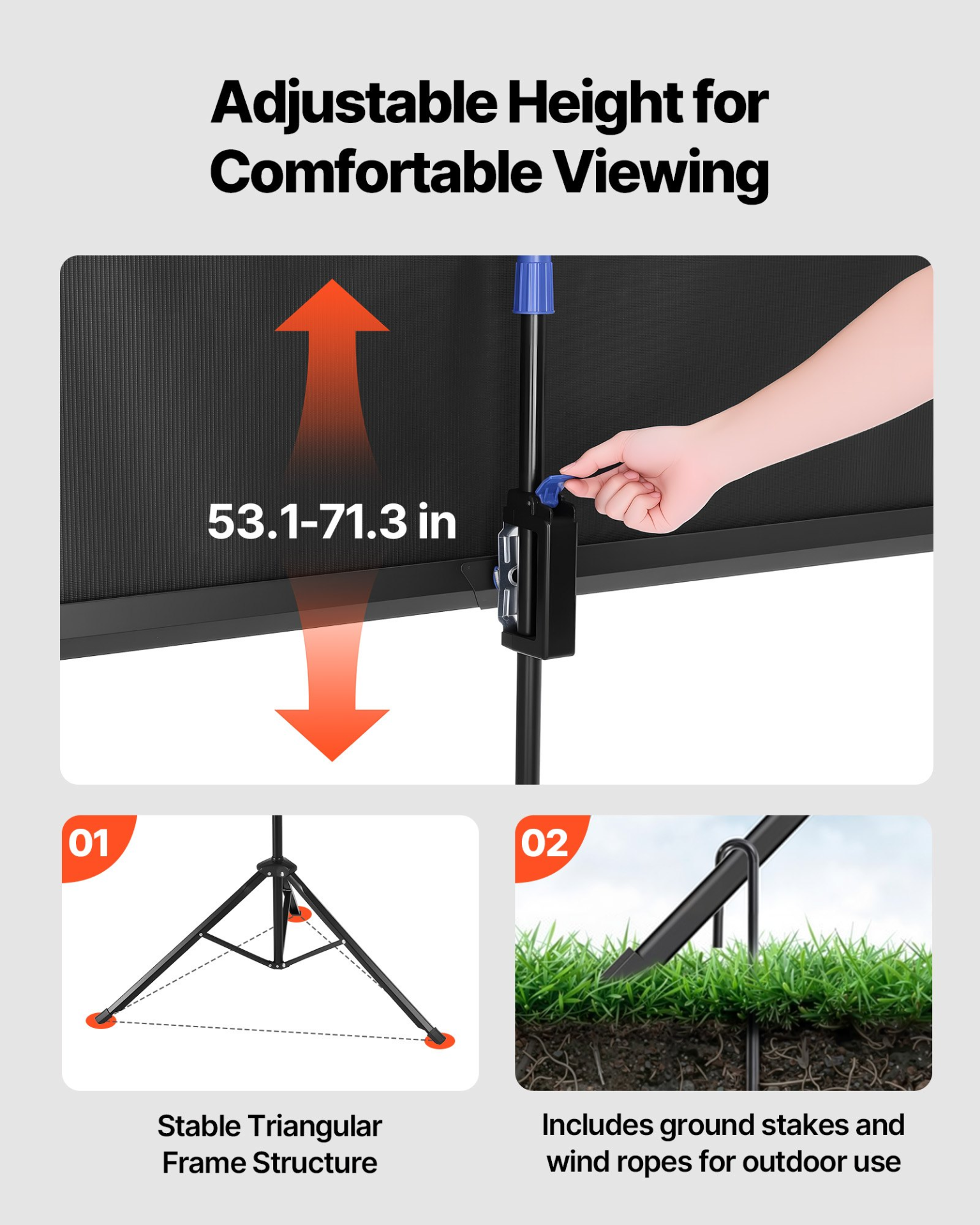 Start2Finish VEVOR 60-inch portable projector screen with stand, 16:9 aspect ratio, wrinkleless surface for indoor and outdoor use.