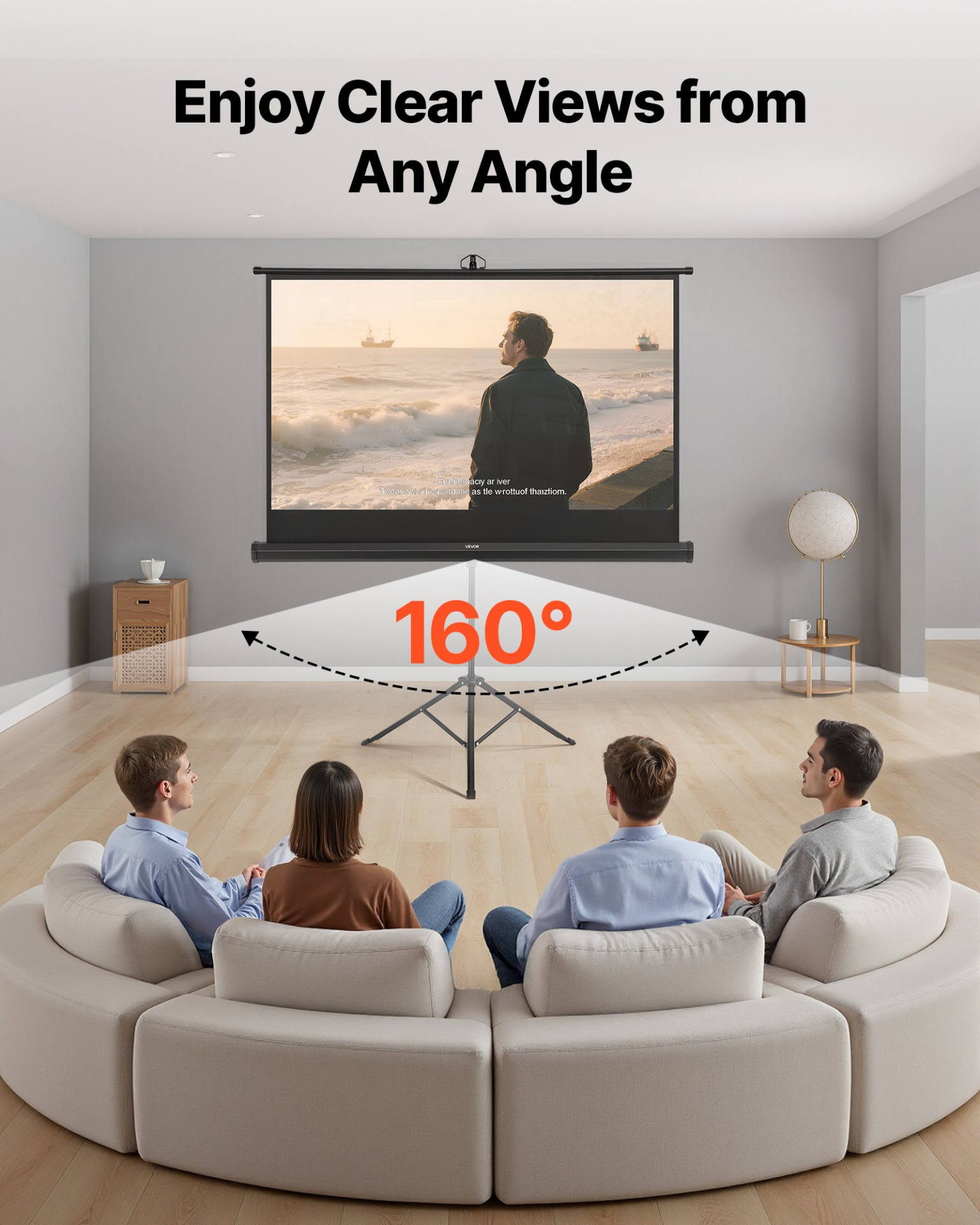 Start2Finish 60-inch indoor/outdoor projector screen with stand, portable, wrinkleless, 4K HD compatible for home theater or presentations.