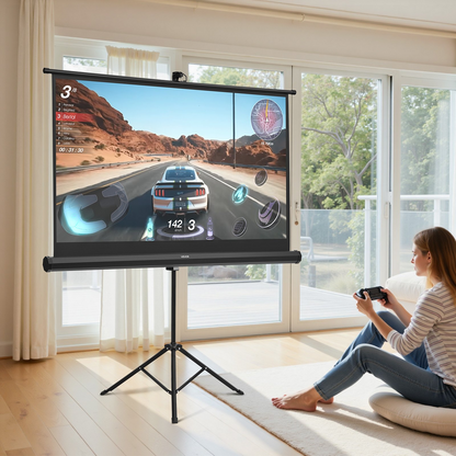 Start2Finish VEVOR 60-inch portable indoor outdoor projector screen with stand, wrinkle-free 16:9 HD projection for home or office.