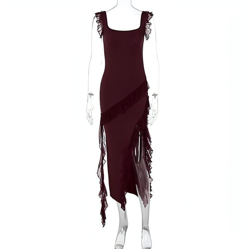 Carmine Juneberry female summer dress with stringy selvedge stitching, lightweight and fashionable for warm weather wear.