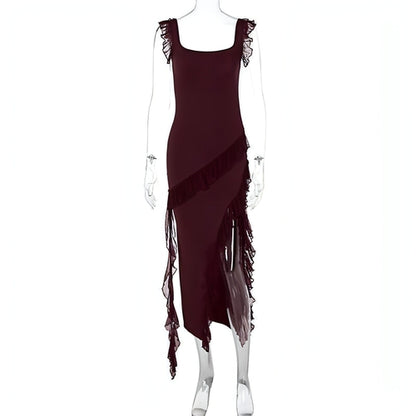 Carmine Juneberry female summer dress with stringy selvedge stitching, lightweight and fashionable for warm weather wear.