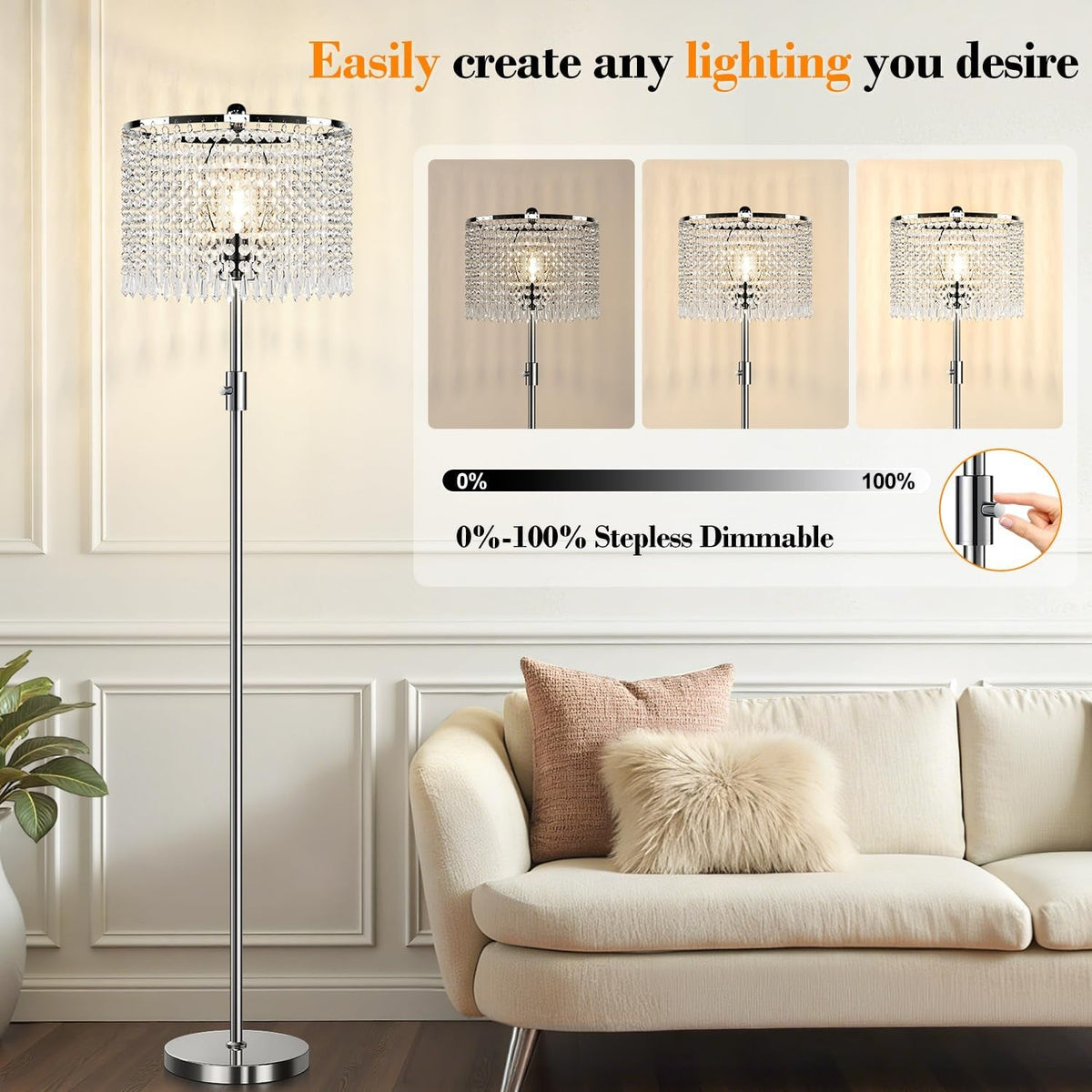 Premium Ultra Crystal Silver Dimmable Floor Lamp LED 1000LM