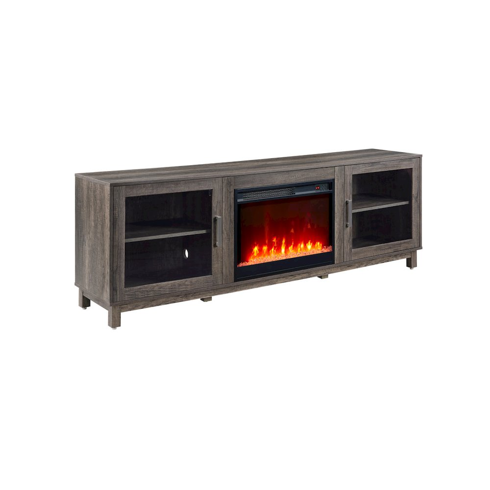 Gray walnut finish Summit 70-inch TV stand console with built-in fireplace and heater, featuring multiple storage compartments.