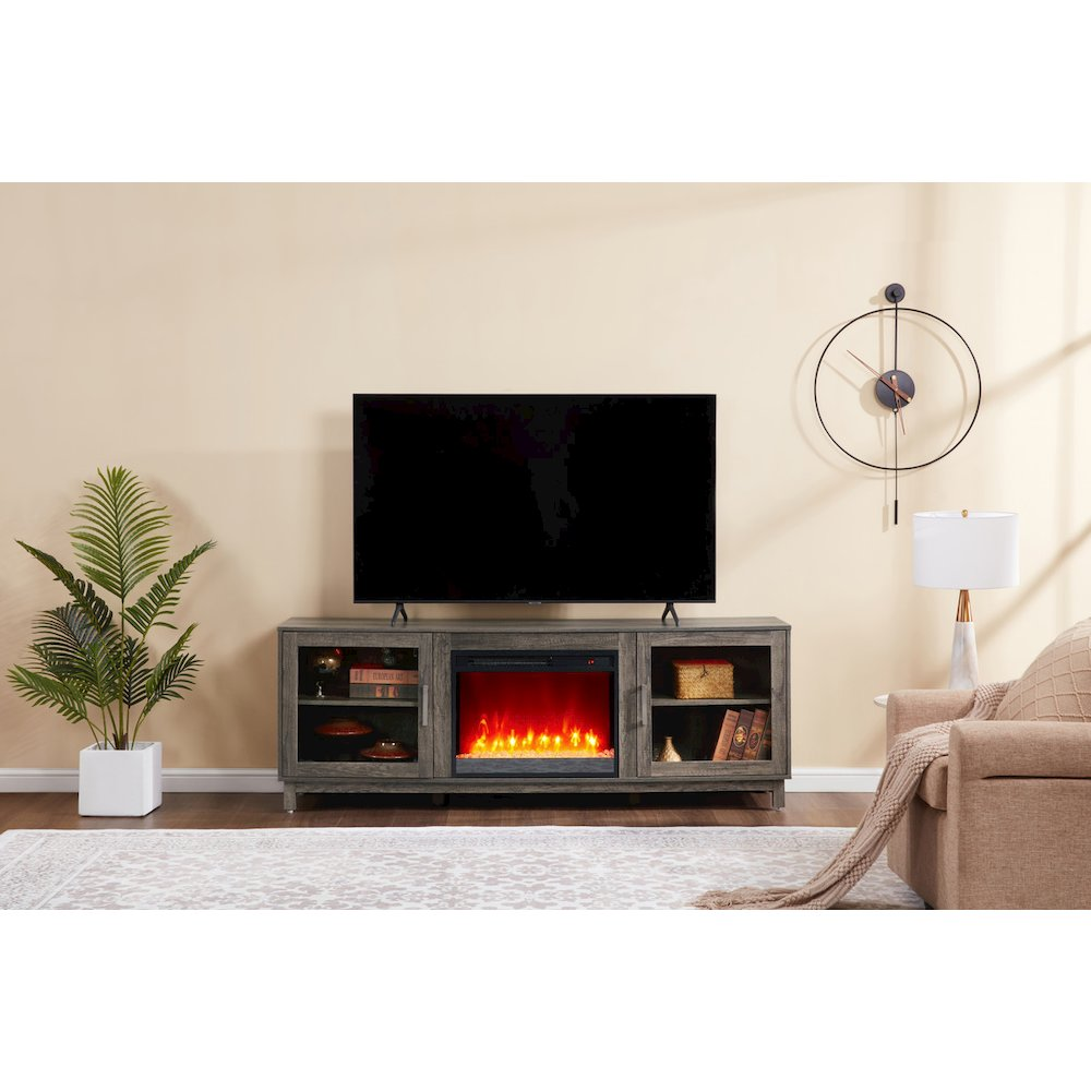 Gray walnut finish Summit 70-inch TV stand with fireplace and heater from Start2Finish, showcasing its modern design and built-in fireplace.