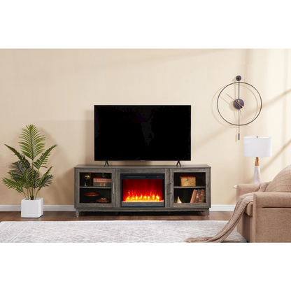Gray walnut finish Summit 70-inch TV stand with fireplace and heater from Start2Finish, showcasing its modern design and built-in fireplace.