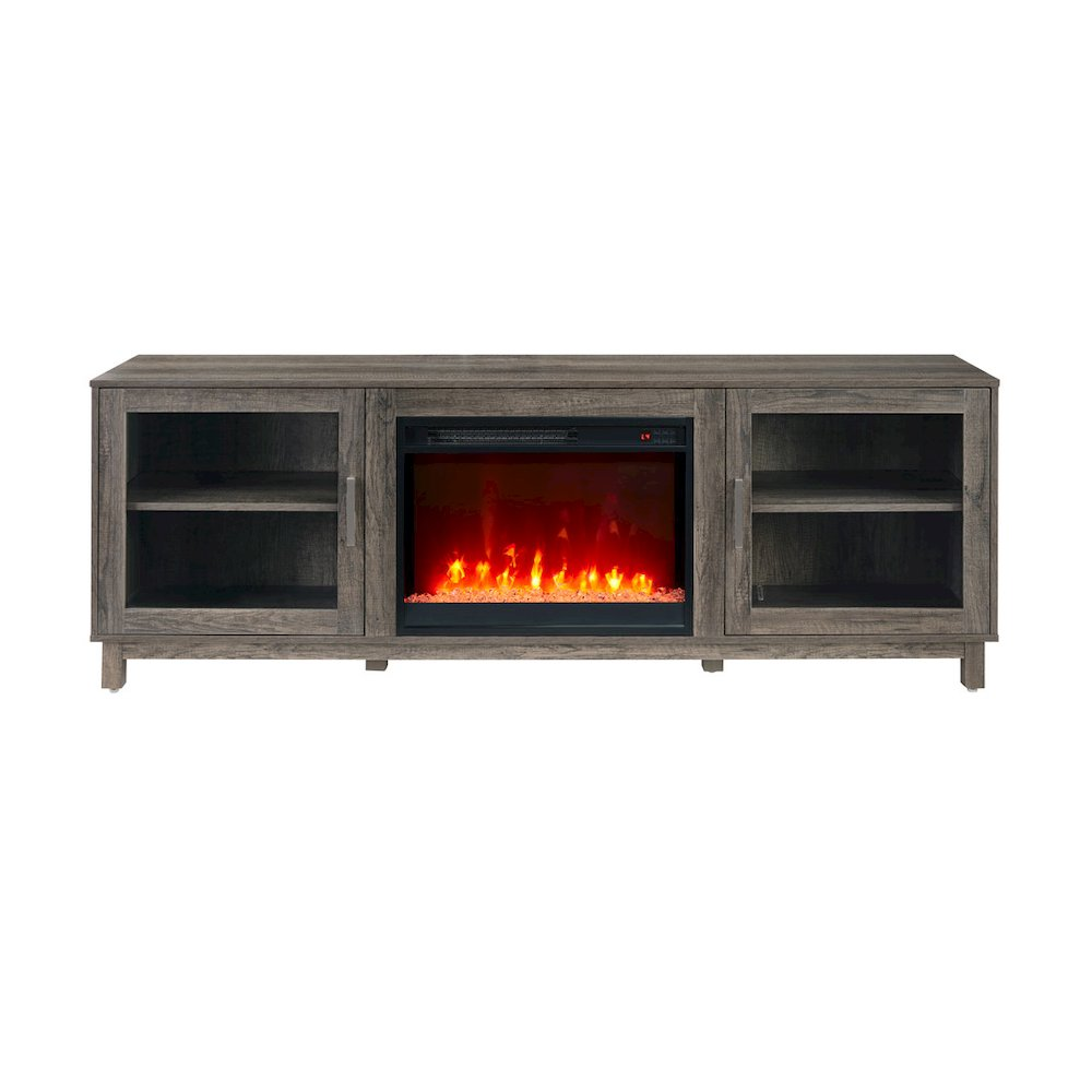 Gray walnut finish Summit 70-inch TV stand console with built-in fireplace and heater, featuring sleek modern design and storage space.