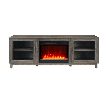 Gray walnut finish Summit 70-inch TV stand console with built-in fireplace and heater, featuring sleek modern design and storage space.