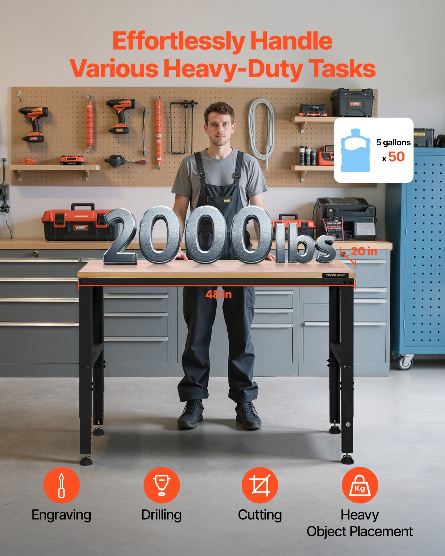 Start2Finish VEVOR adjustable workbench with 2000 lbs capacity, 48x20-inch surface, height adjustment, and built-in power outlets.