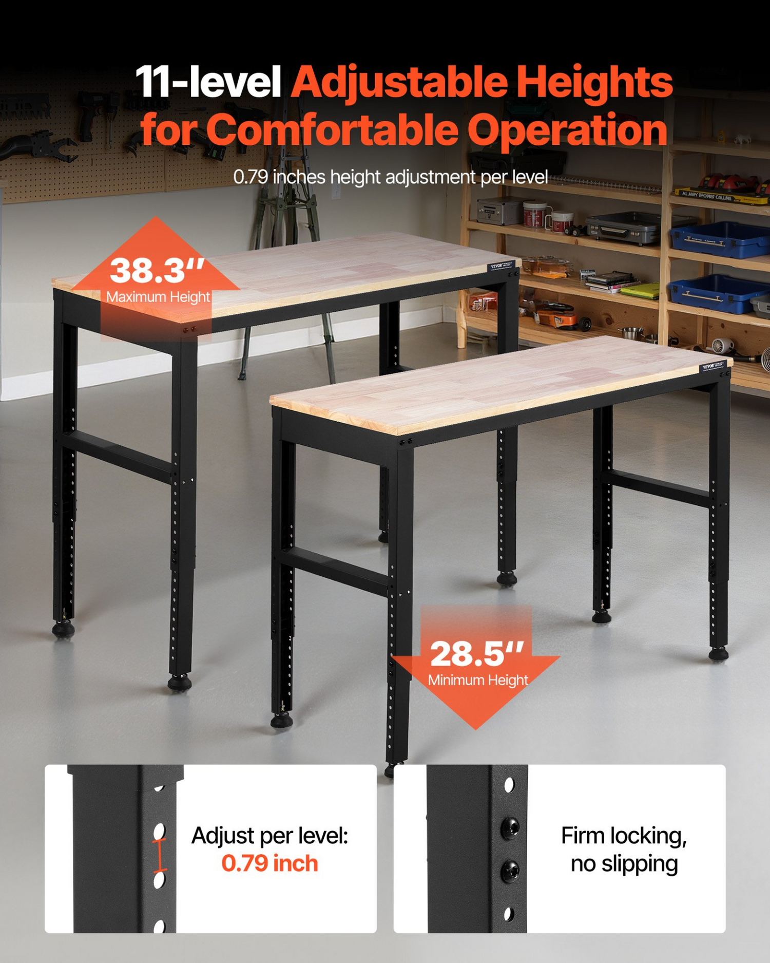 Start2Finish VEVOR adjustable workbench with power outlets, 2000 lbs capacity, 48x20-inch heavy-duty garage and workshop work table