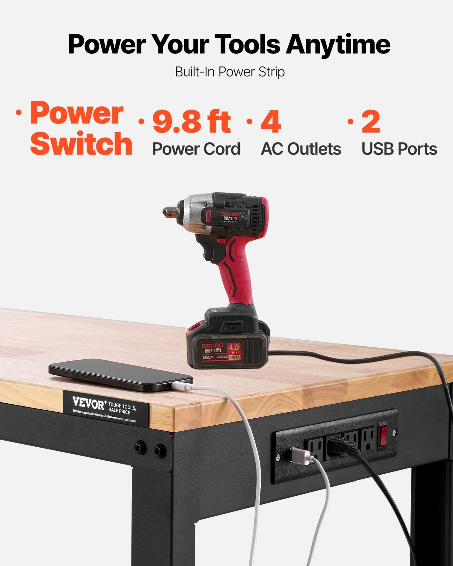 Start2Finish VEVOR adjustable workbench with power outlets, 48x20-inch heavy-duty garage workbench with height adjustability.