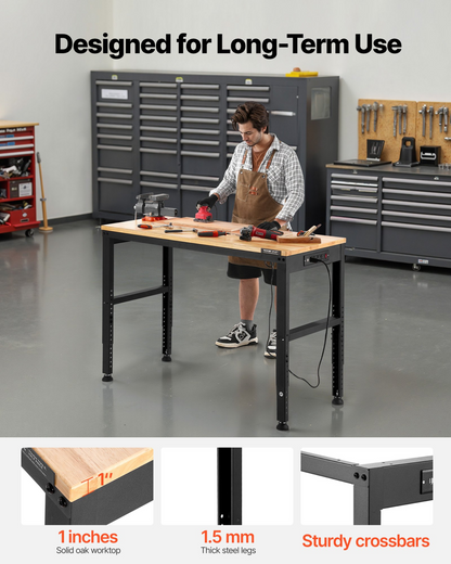 Start2Finish VEVOR adjustable workbench with power outlets, 2000 lbs capacity, 48x20-inch heavy-duty garage and workshop work surface