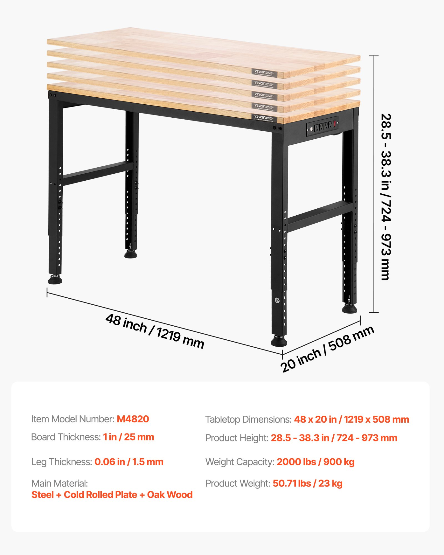 Start2Finish VEVOR adjustable workbench with power outlets, 2000 lbs capacity, 48x20 inches, height adjustable for garage or workshop.