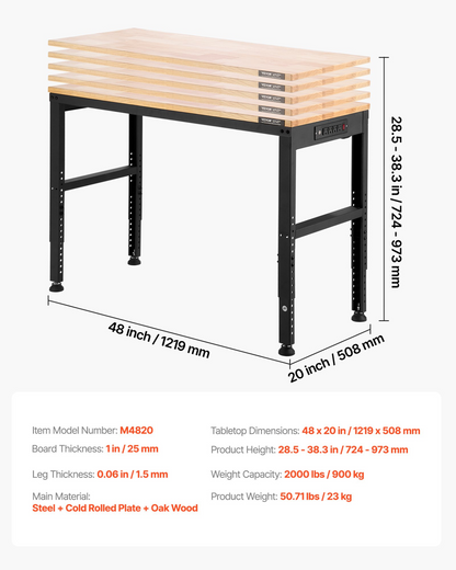 Start2Finish VEVOR adjustable workbench with power outlets, 2000 lbs capacity, 48x20 inches, height adjustable for garage or workshop.