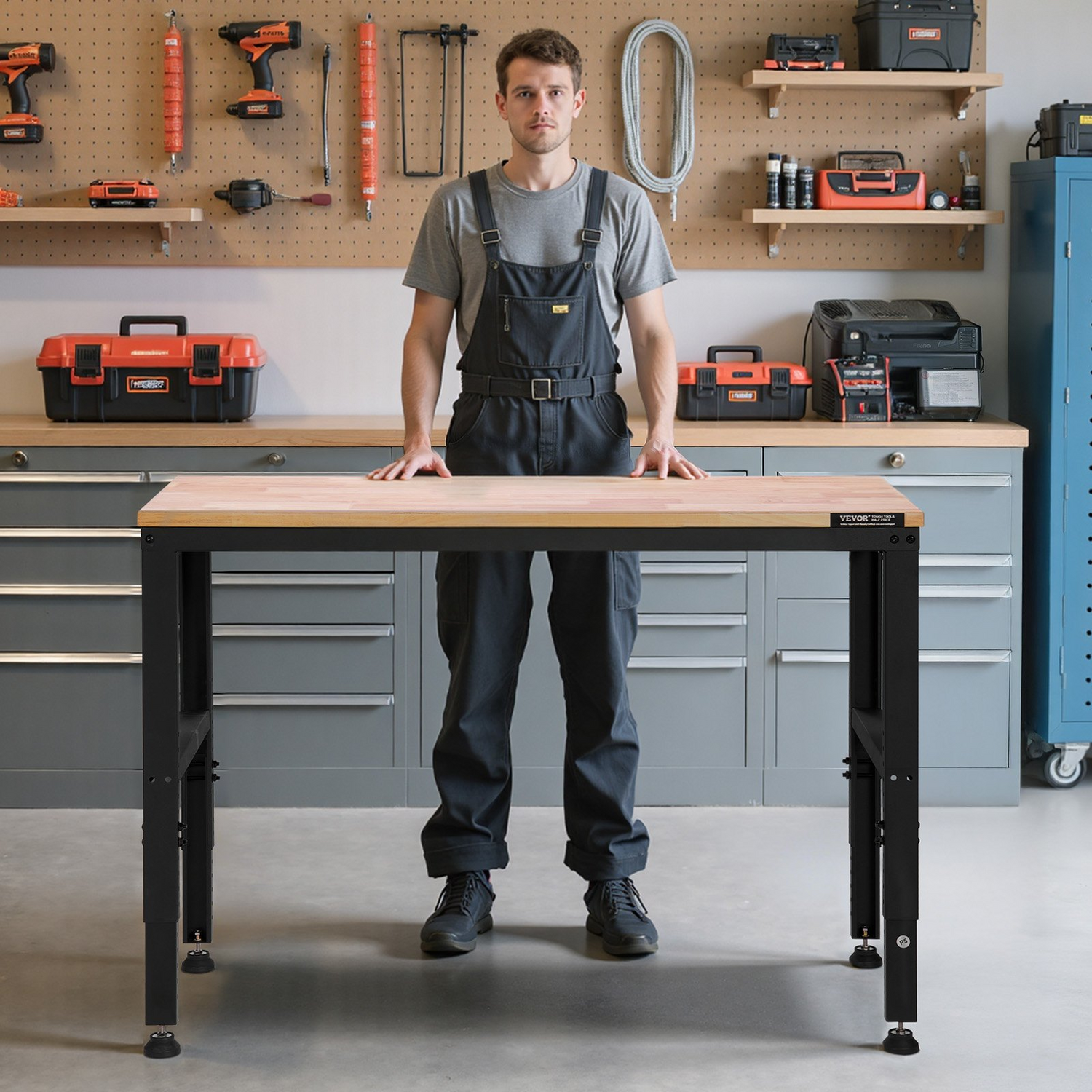 Start2Finish VEVOR adjustable workbench with power outlets, 2000 lbs capacity, 48x20 inches, height adjustable for garage or workshop.