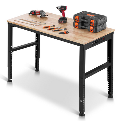Start2Finish VEVOR adjustable workbench with power outlets, 2000 lbs capacity, 48x20-inch heavy-duty garage and workshop table.