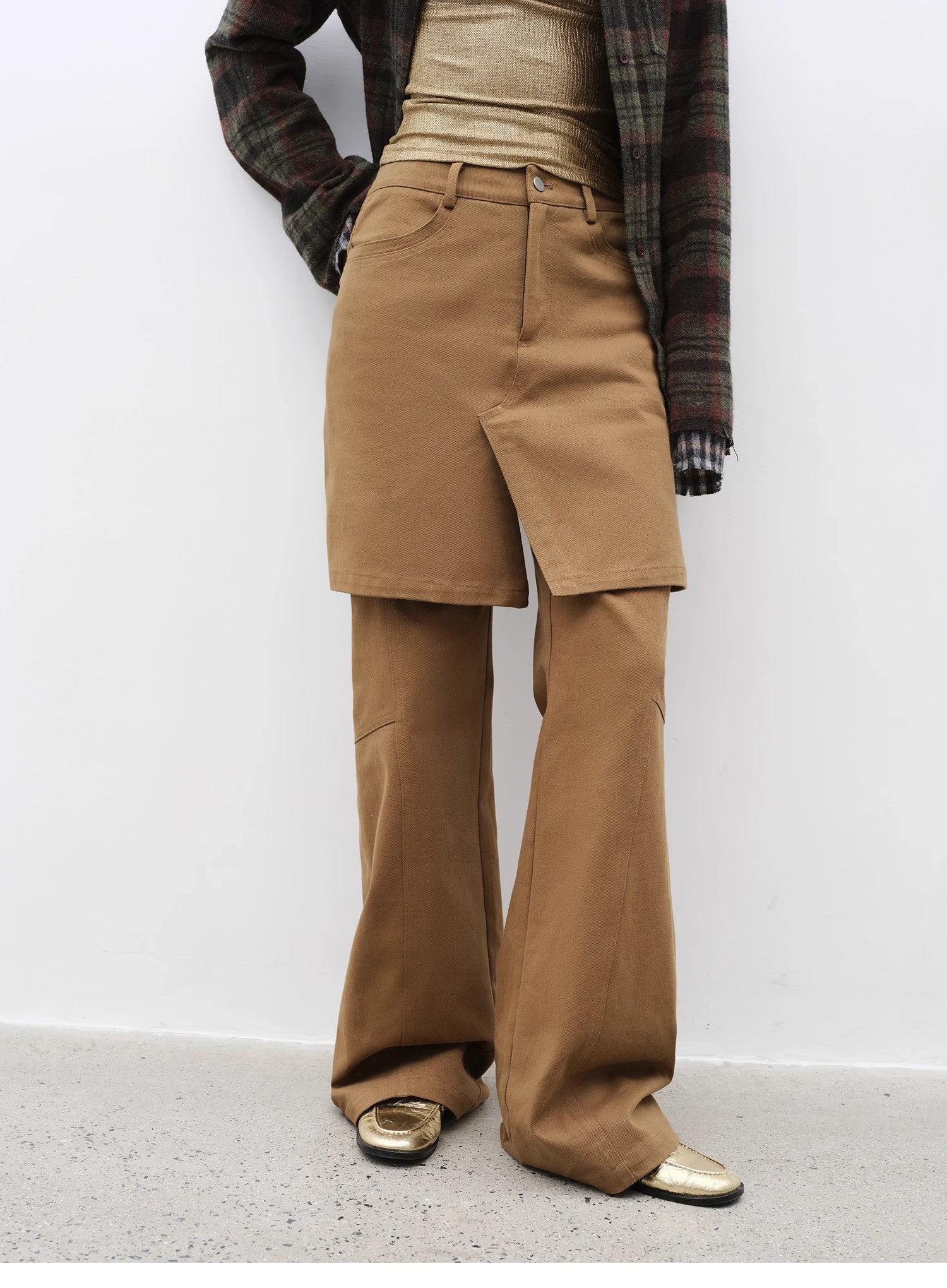 Brown Coeus Culotte Declaration retro split design jacket in twill brushed fabric, featuring a faux two-piece style with a stylish silhouette.