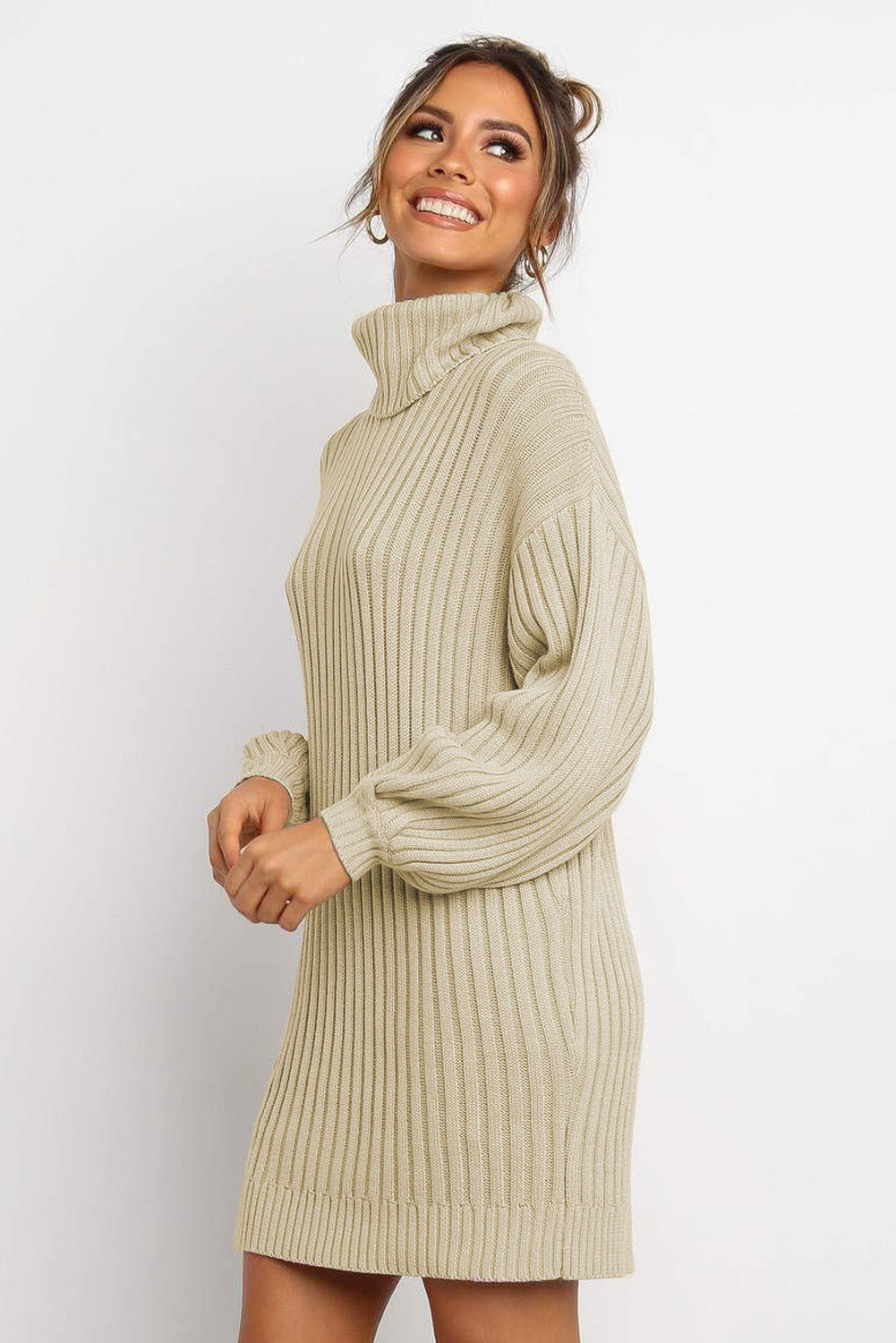 Lavender Pallas apricot turtleneck balloon sleeve sweater dress for women, cozy knit with a fitted silhouette and stylish design.