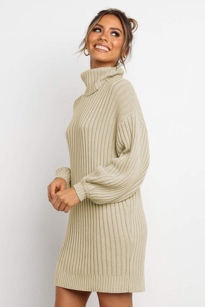Lavender Pallas apricot turtleneck balloon sleeve sweater dress for women, cozy knit with a fitted silhouette and stylish design.