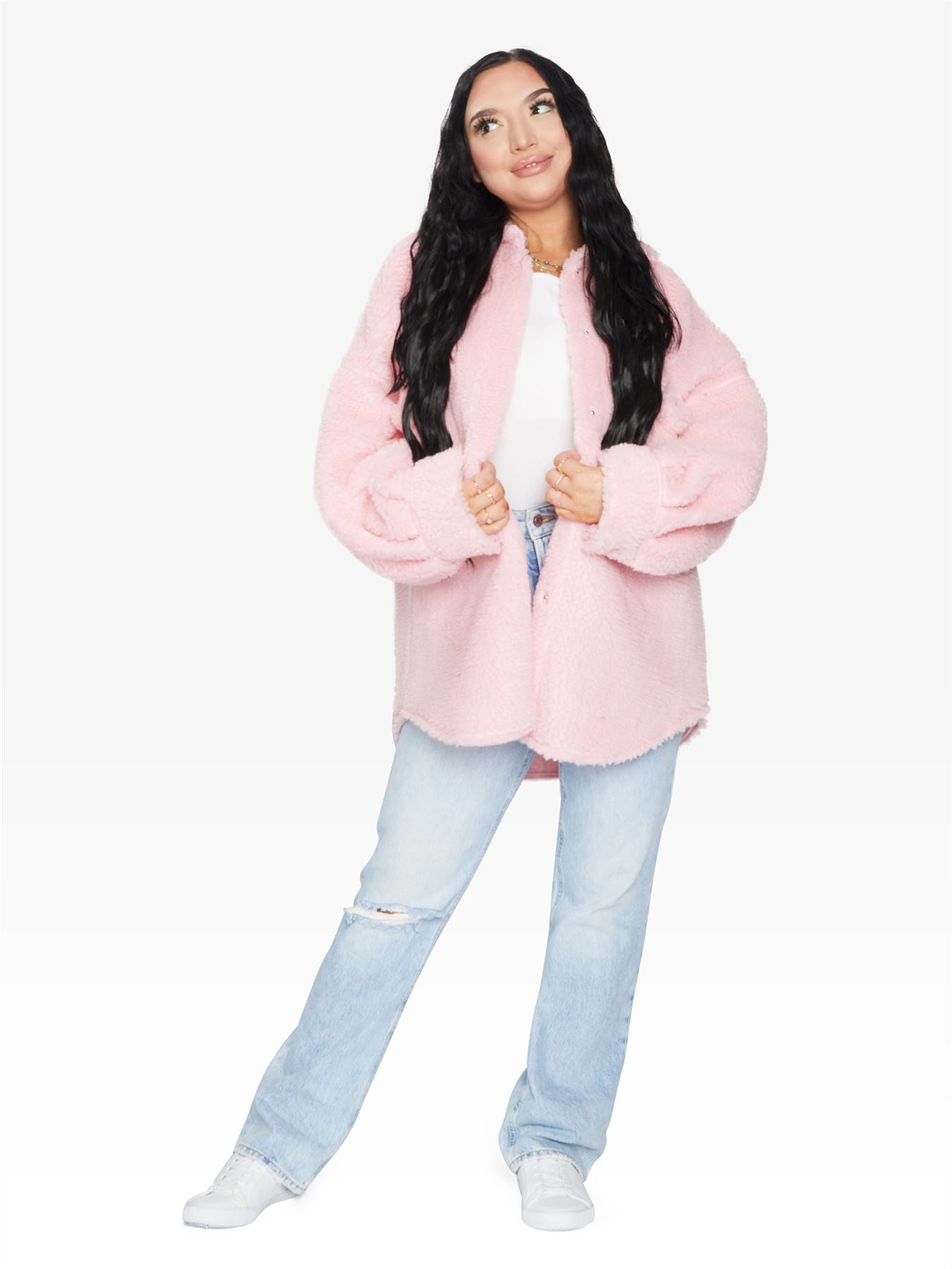 Rose Eleusis oversized patch pocket borg teddy shacket, cozy jacket with large front pockets and plush fleece texture.