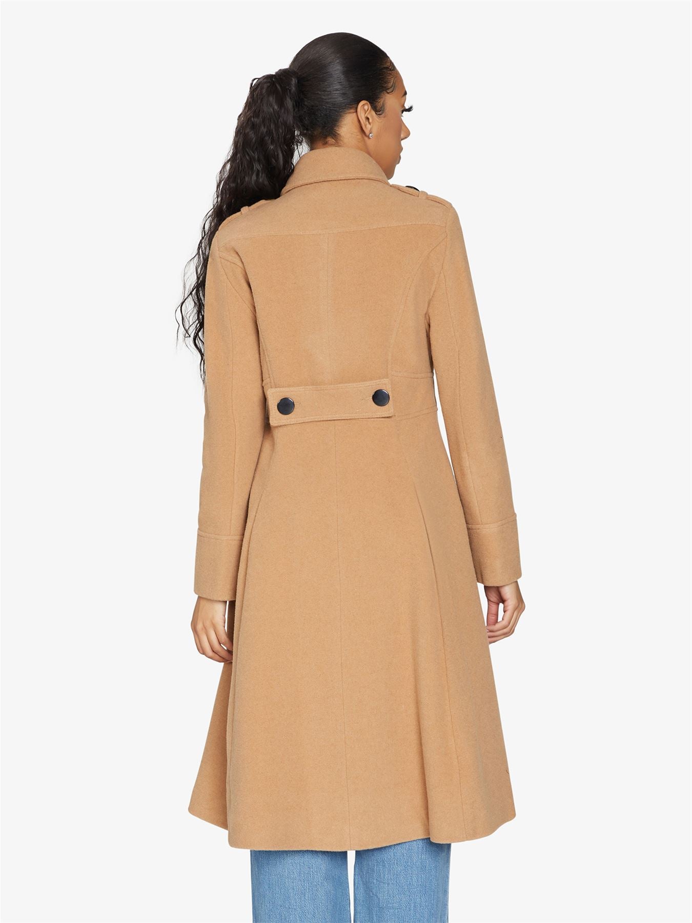 Rose Eleusis A-Line double-breasted coat, stylish winter jacket with tailored fit and classic design, shown on a model.