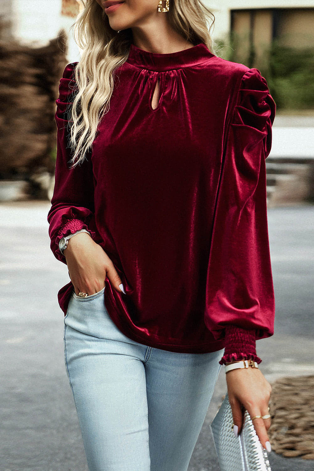 Fiery red mock neck velvet blouse with puff sleeves from Carmine Juneberry, stylish and elegant for women&