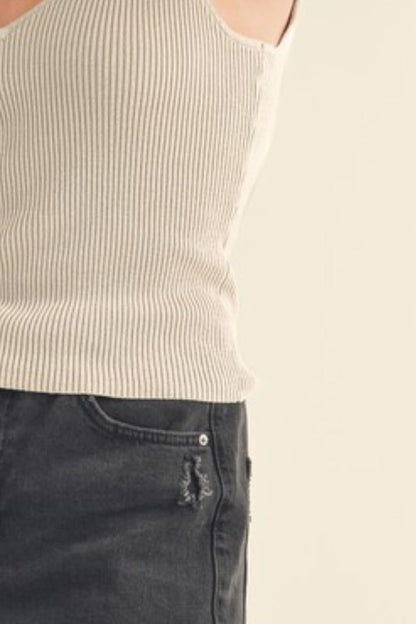 Close-up of Jade Icarus Aemi + Co ribbed wide strap knit tank, featuring textured knit fabric and wide straps.