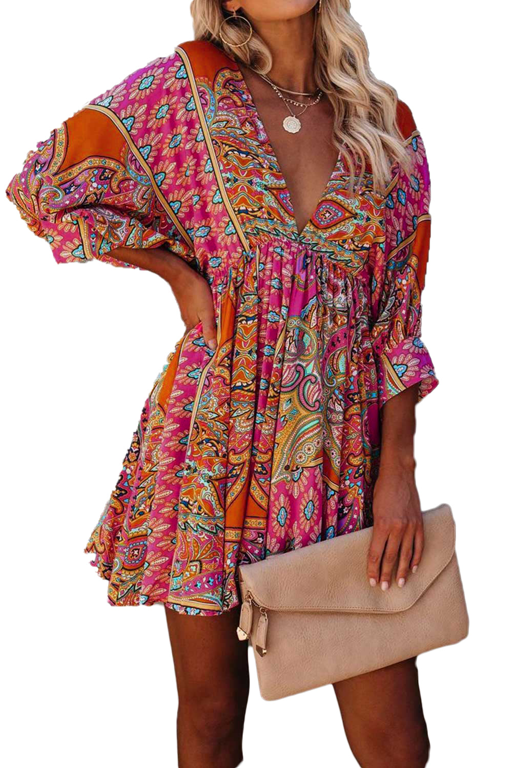 Multicolour V-neck 3/4 sleeve bohemian vintage print mini dress for women by Lavender Pallas, shown on model.