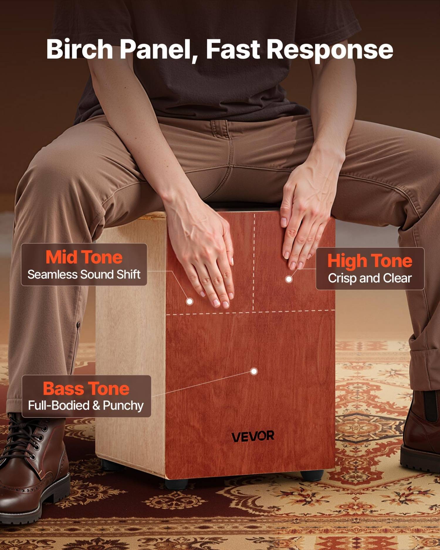 Start2Finish VEVOR cajon box drum made of birch wood with guitar strings, a wooden percussion instrument for musical performance.