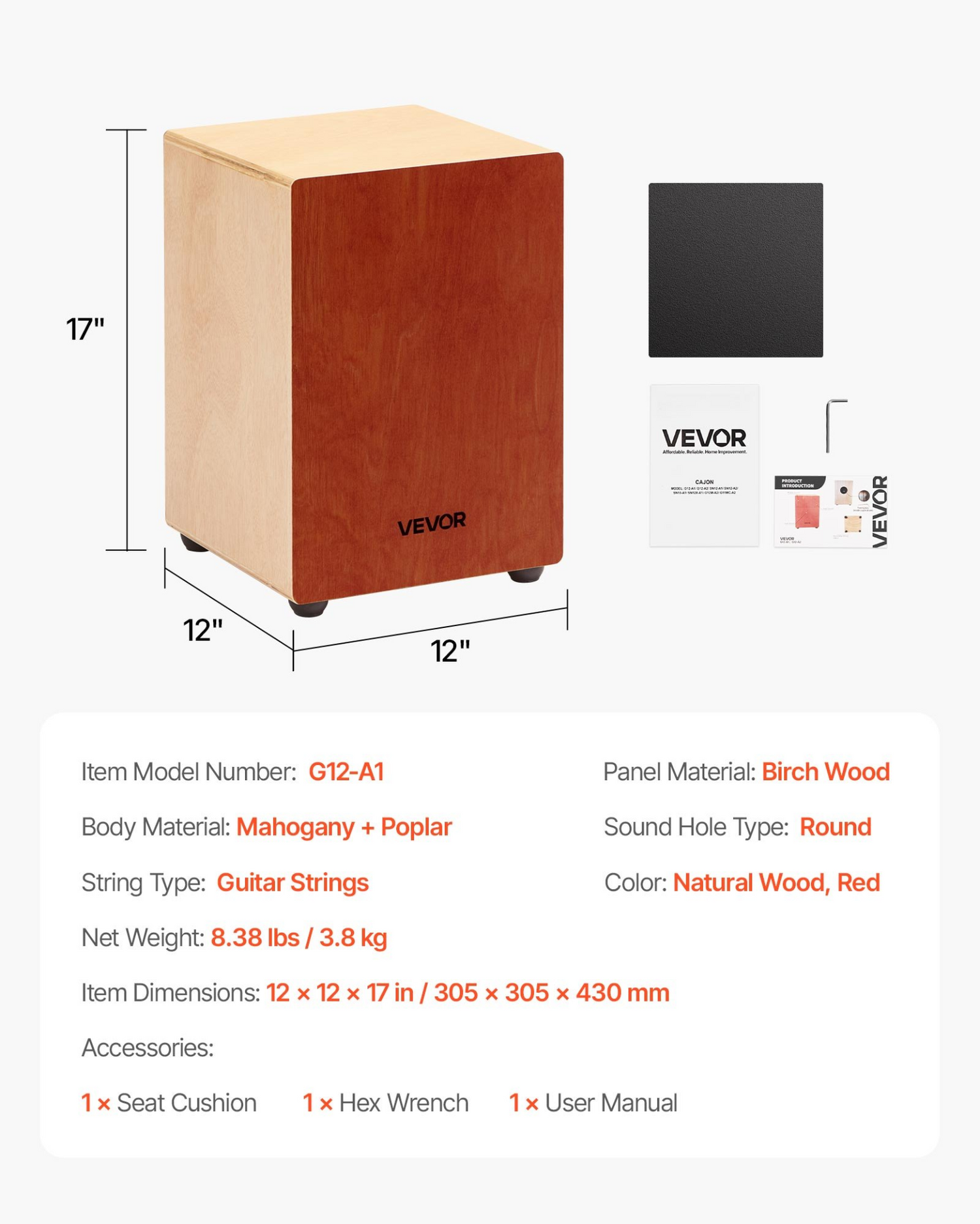 Start2Finish VEVOR Cajon box drum made of birch wood with guitar strings, a wooden percussion instrument for musical performances.