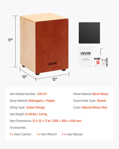 Start2Finish VEVOR Cajon box drum made of birch wood with guitar strings, a wooden percussion instrument for musical performances.