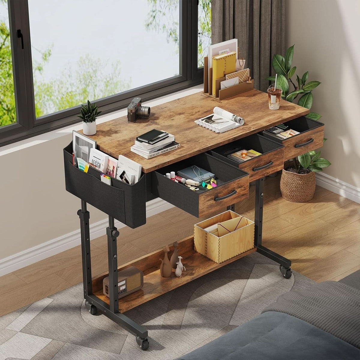 Rolling Height Adjustable Computer Desk With Drawers