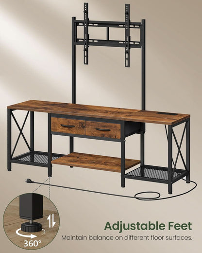 Rustic Brown Adjustable TV Stand Mount Integrated Outlet