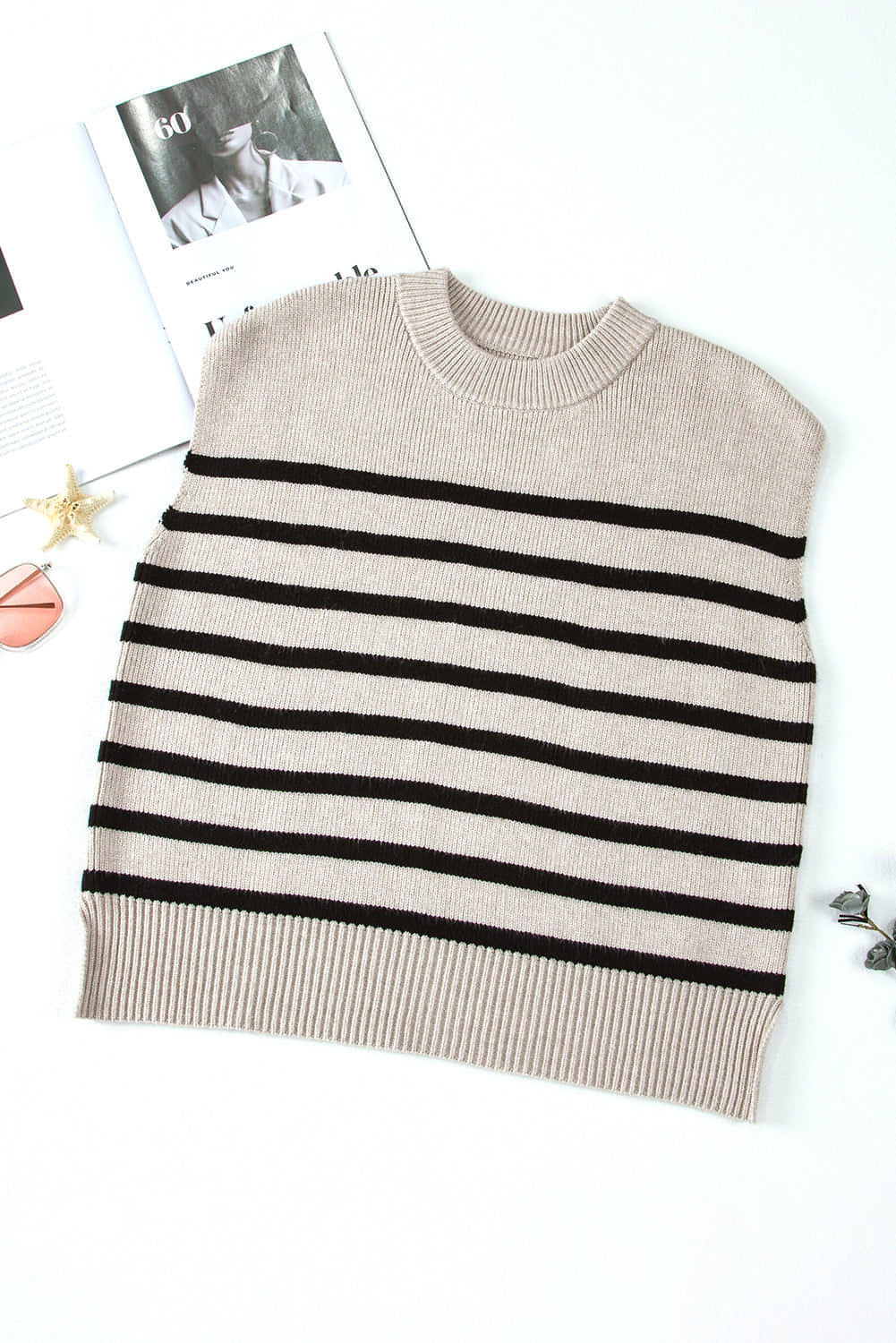 Carmine Juneberry apricot stripe boxy knitted round neck sweater tank, lightweight and stylish for casual wear