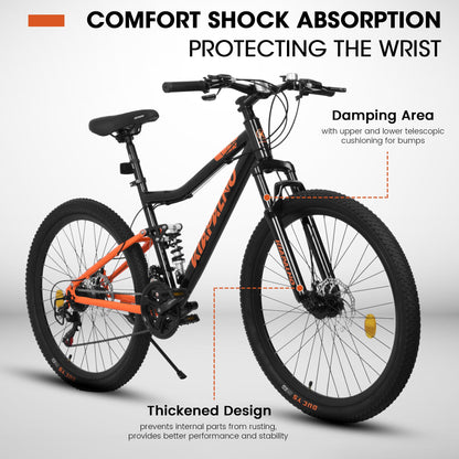 Carmine Juneberry TerraRush™ 26-inch mountain bike with shock absorber and 21-speed gear system, ready for off-road biking adventures.