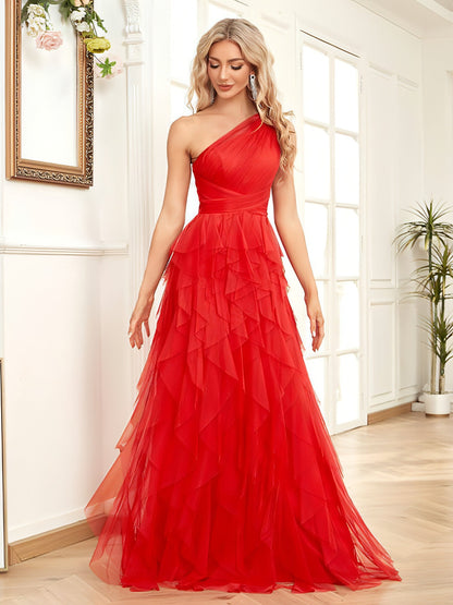 Carmine Juneberry sloping shoulder dress with slim fit, elastic waistband, and fishtail design, showcasing elegant evening wear style.