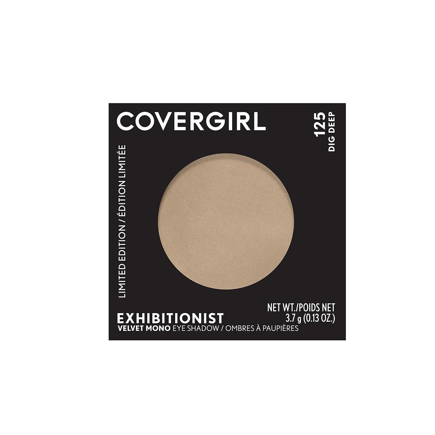 CoverGirl Exhibitionist Velvet Mono Eye Shadow in Dig Deep, rich brown shade, with sleek packaging and smooth, velvety texture.