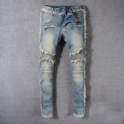 Pear Daisy denim feet moto pants for home and garden, featuring durable denim material and moto-style design.