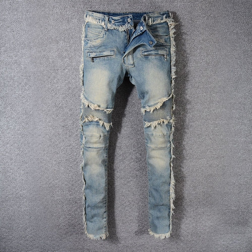 Pear Daisy denim feet moto pants for home and garden, featuring a denim fabric design with moto-style detailing.