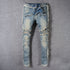 Pear Daisy denim feet moto pants for home and garden, featuring a denim fabric design with moto-style detailing.