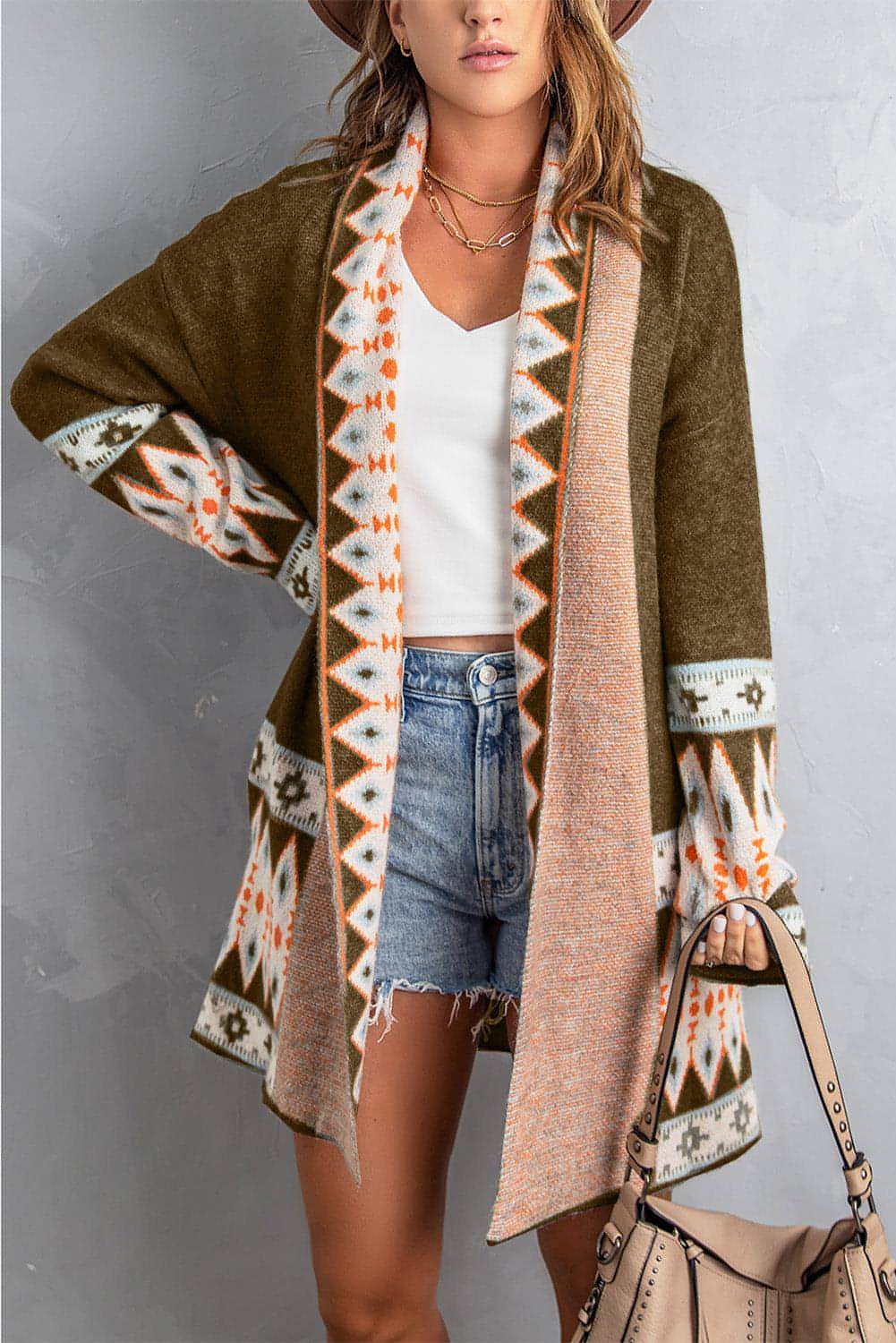 Brown Aztec print knitted cardigan with open front from Carmine Juneberry, casual sweater with boho-inspired design.