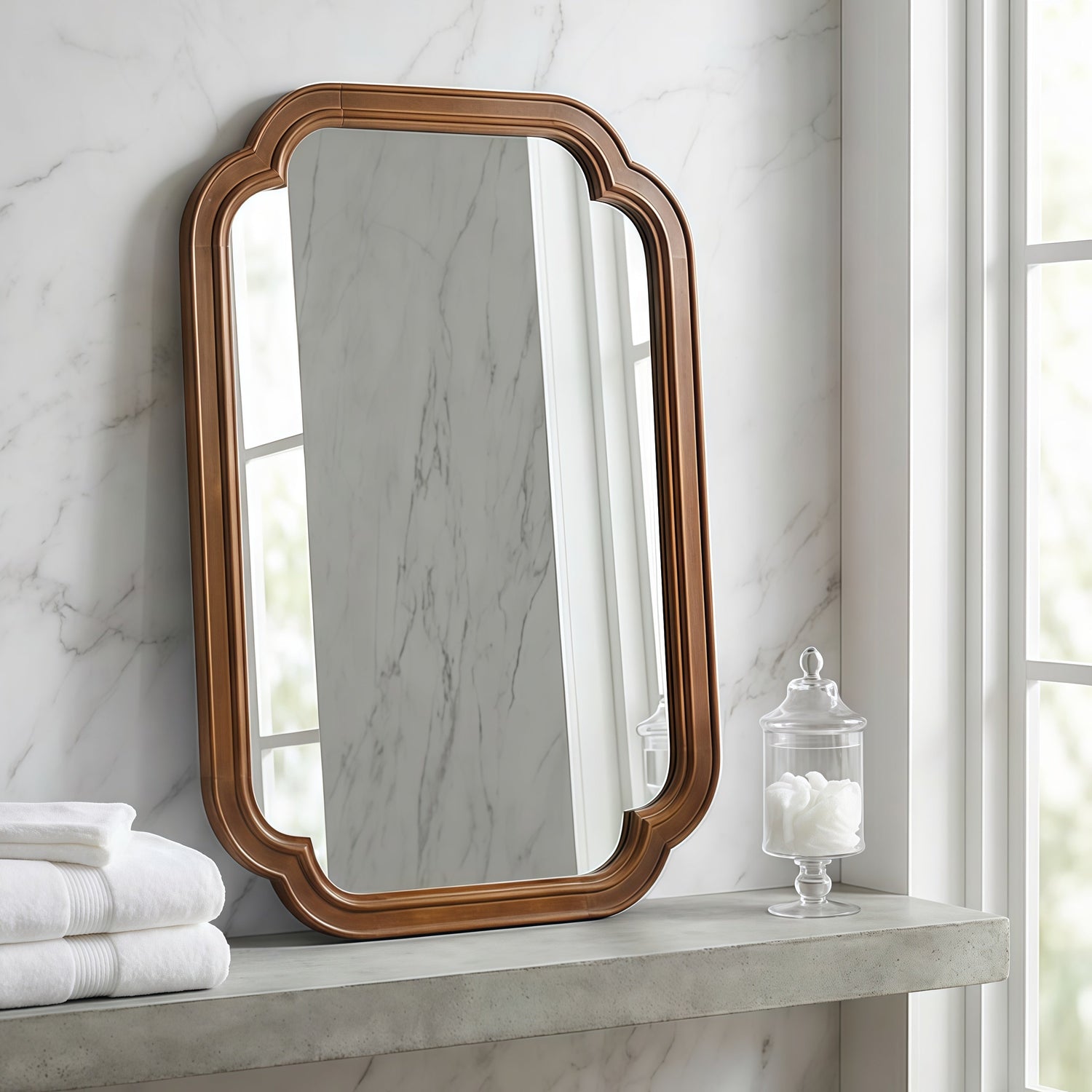 Sangria Beech solid wood framed mirror with rounded corners, suitable for bedroom decor, showcasing a natural wood finish.