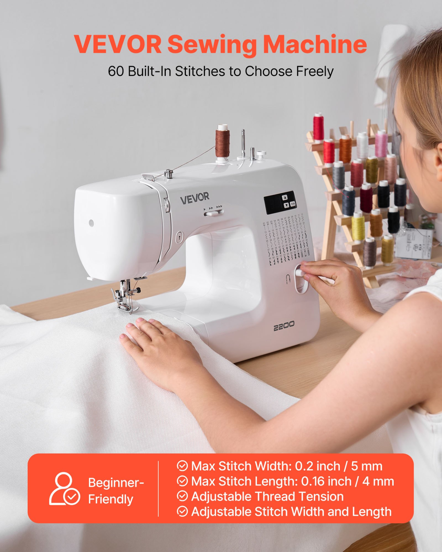 Start2Finish VEVOR computerized sewing machine with LED screen, foot pedal, LED light, heavy-duty metal frame, and 60 stitch options.
