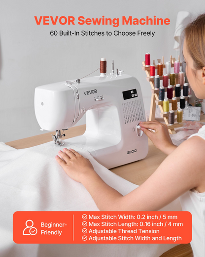 Start2Finish VEVOR computerized sewing machine with LED screen, foot pedal, LED light, heavy-duty metal frame, and 60 stitch options.