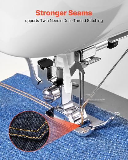 Start2Finish VEVOR computerized sewing machine with LED screen, foot pedal, LED light, heavy-duty metal frame, and 60 stitch options.