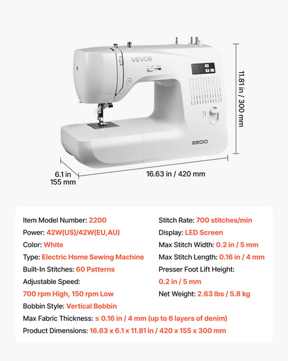 Start2Finish VEVOR computerized sewing machine with LED screen, foot pedal, LED light, heavy-duty metal frame, and 60 stitch options.