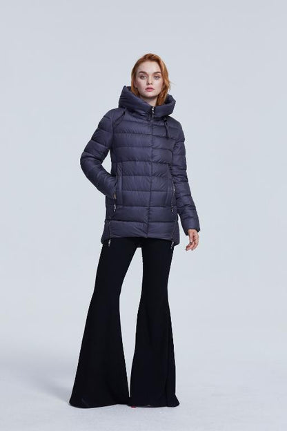 Women’s warm hooded winter coat by Jade, casual jacket with insulated lining, suitable for cold weather and winter outdoor wear.